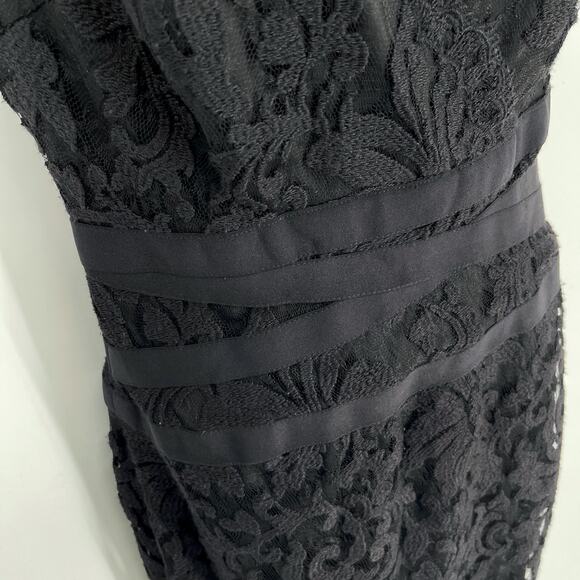 Tadashi Shoji Embroidered Lace V-Neck Cocktail Dress Sz 4 Black Ribbon Waist - Picture 2 of 12